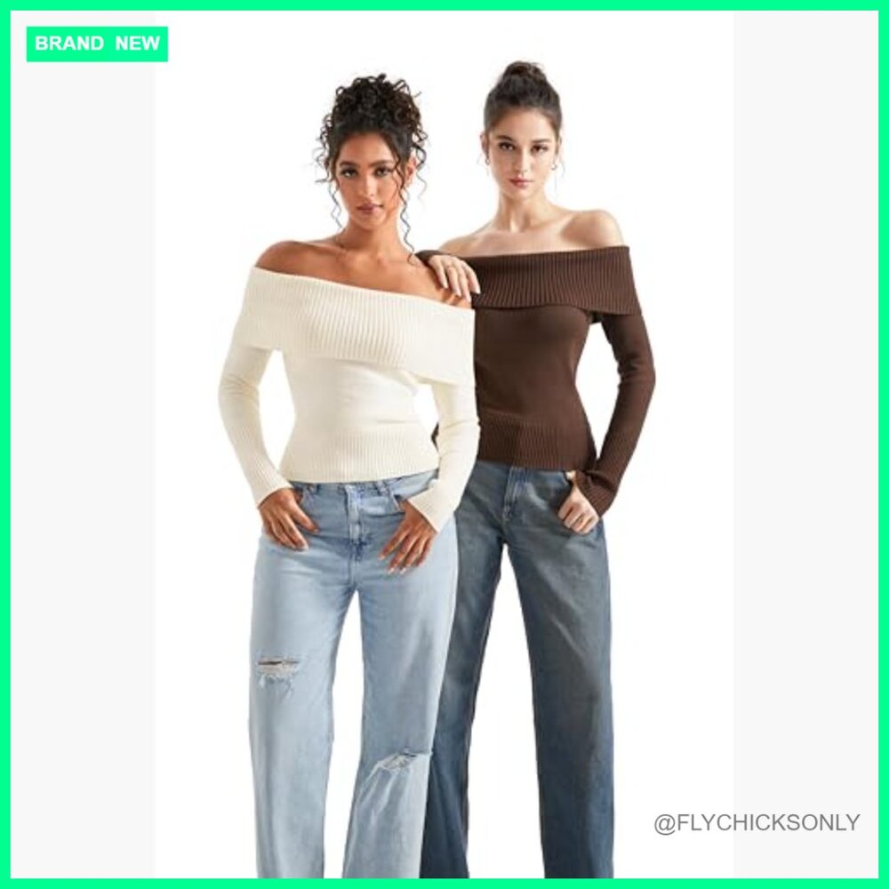 Off Shoulder Ribbed Knit Sweater Pullover Long Sl… - image 5